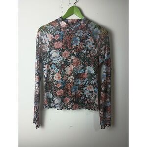 Dealmore‎ Floral Mesh Mock Neck Long Sleeve Top with Lettuce Edge Trim Medium
